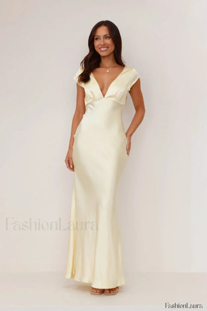 Deep V Neck Bodycon Backless Midi Work Dress Light Yellow / S