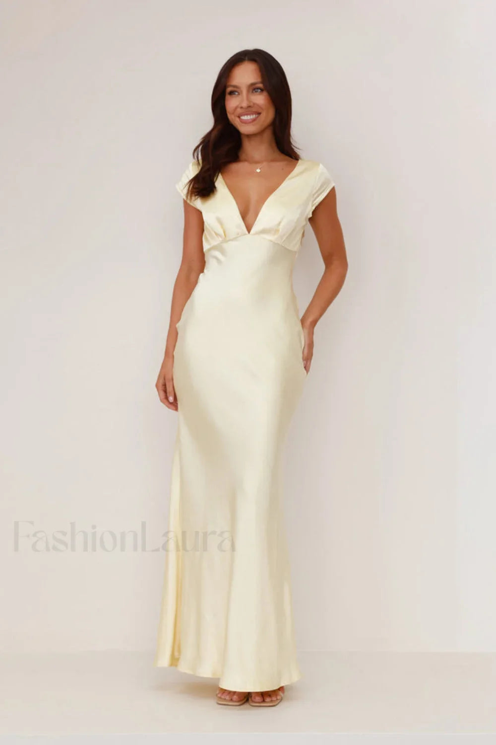 Deep V Neck Bodycon Backless Midi Work Dress Light Yellow / S