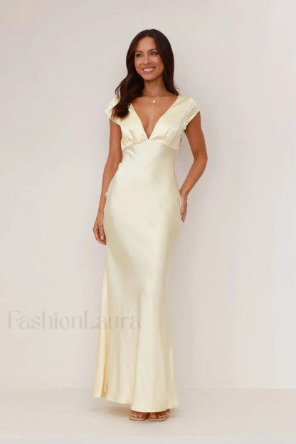 Deep V Neck Bodycon Backless Midi Work Dress Light Yellow / S