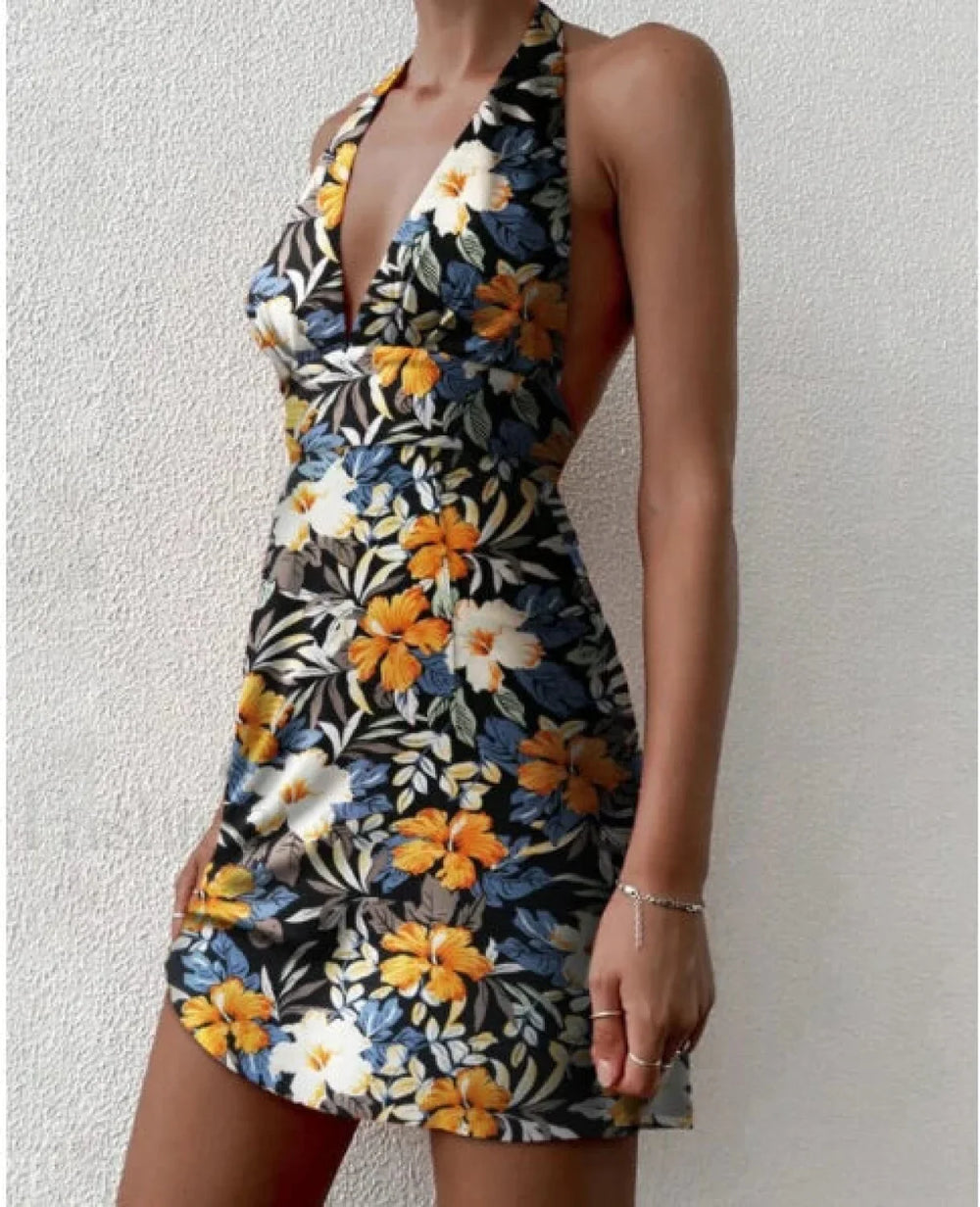 Deep V Neck Fitted Floral Dress