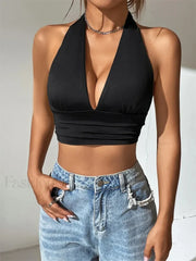 Deep V Neck Halter Backless Solid Color Sexy Club Crop Top