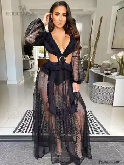 Deep V neck Lace Cover Up Black / S