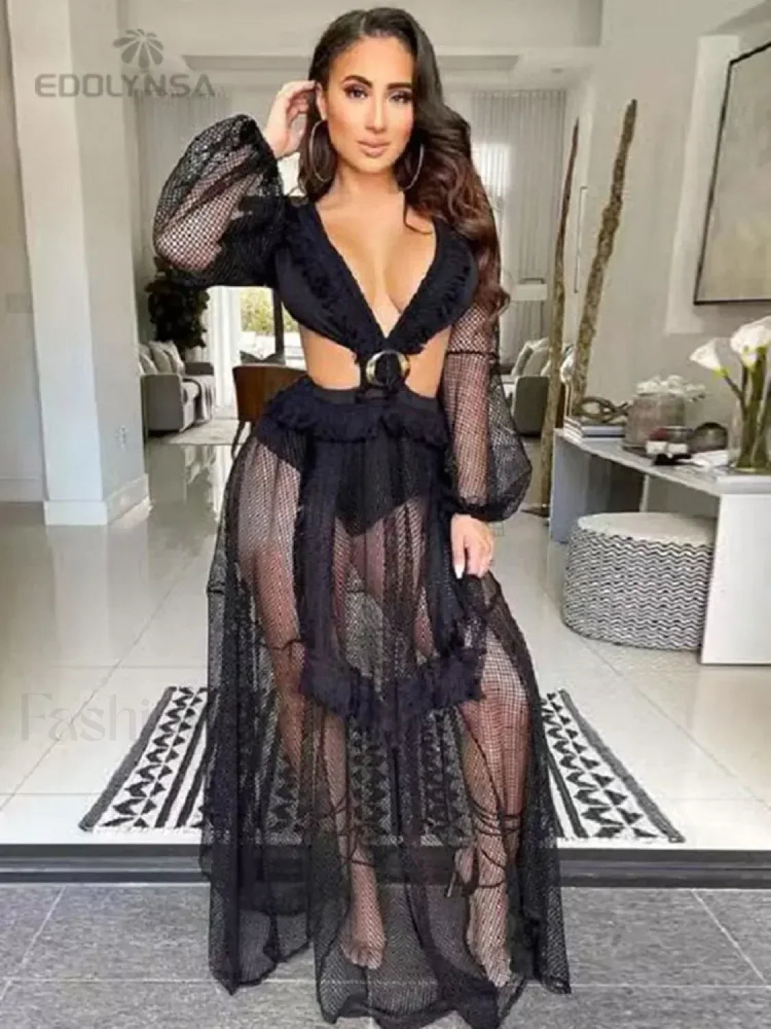 Deep V neck Lace Cover Up Black / S