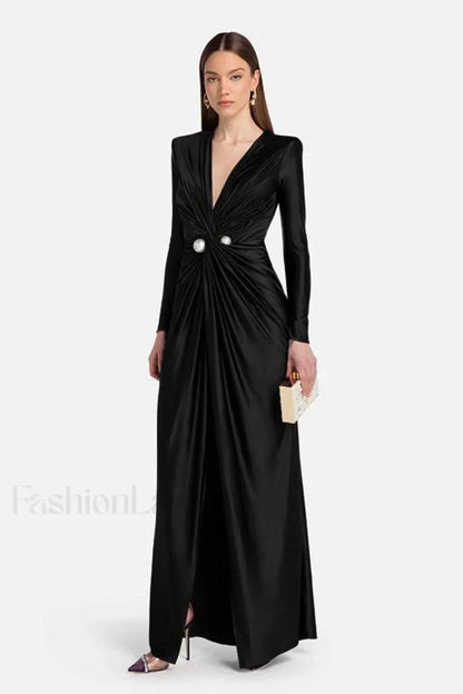 Deep V Neck Long Sleeve Split End Maxi Dress