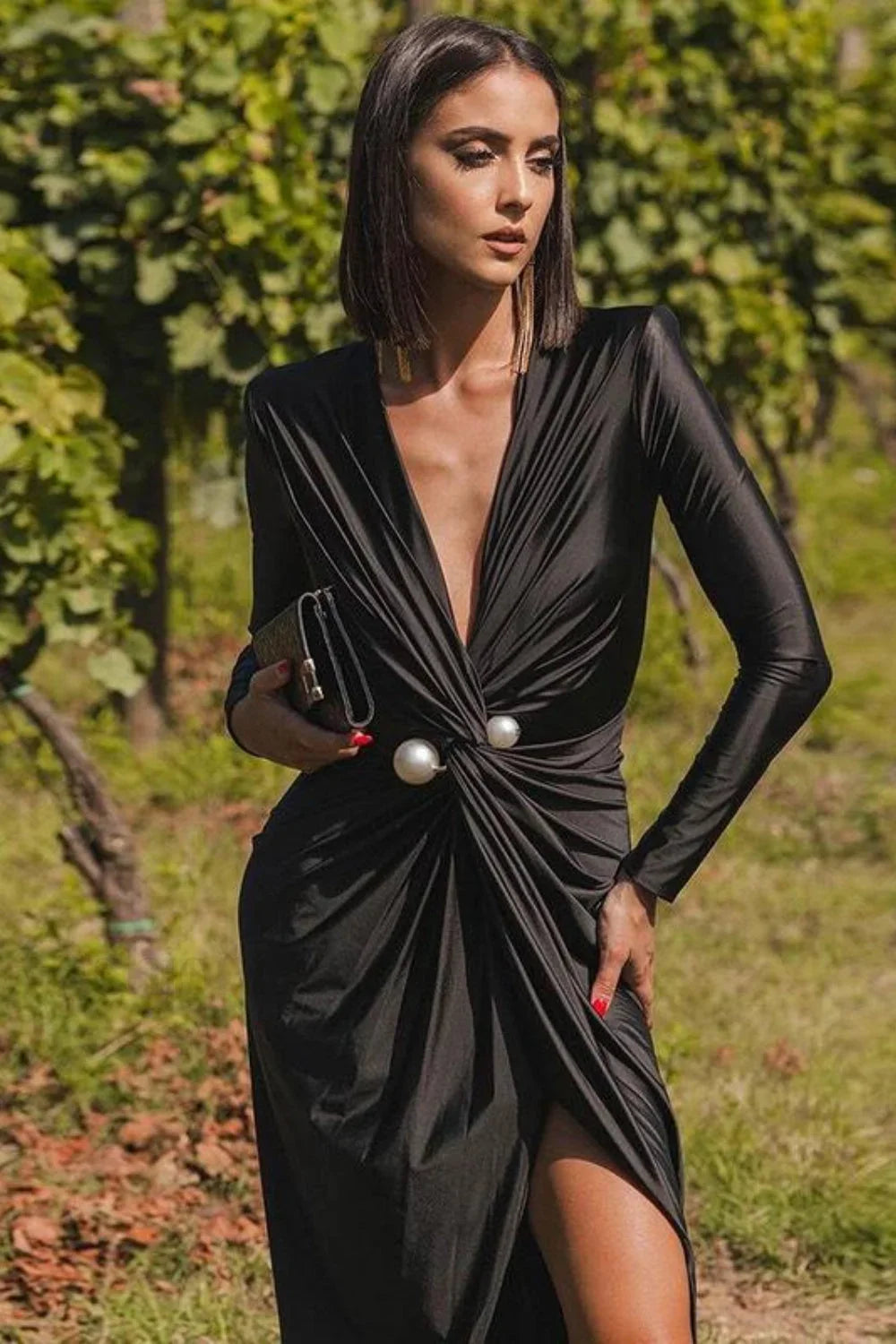 Deep V Neck Long Sleeve Split End Maxi Dress Black / S
