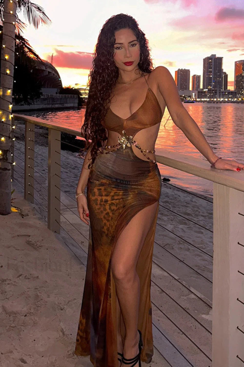 Deep V Neck Side Slit Bodycon Maxi Dress