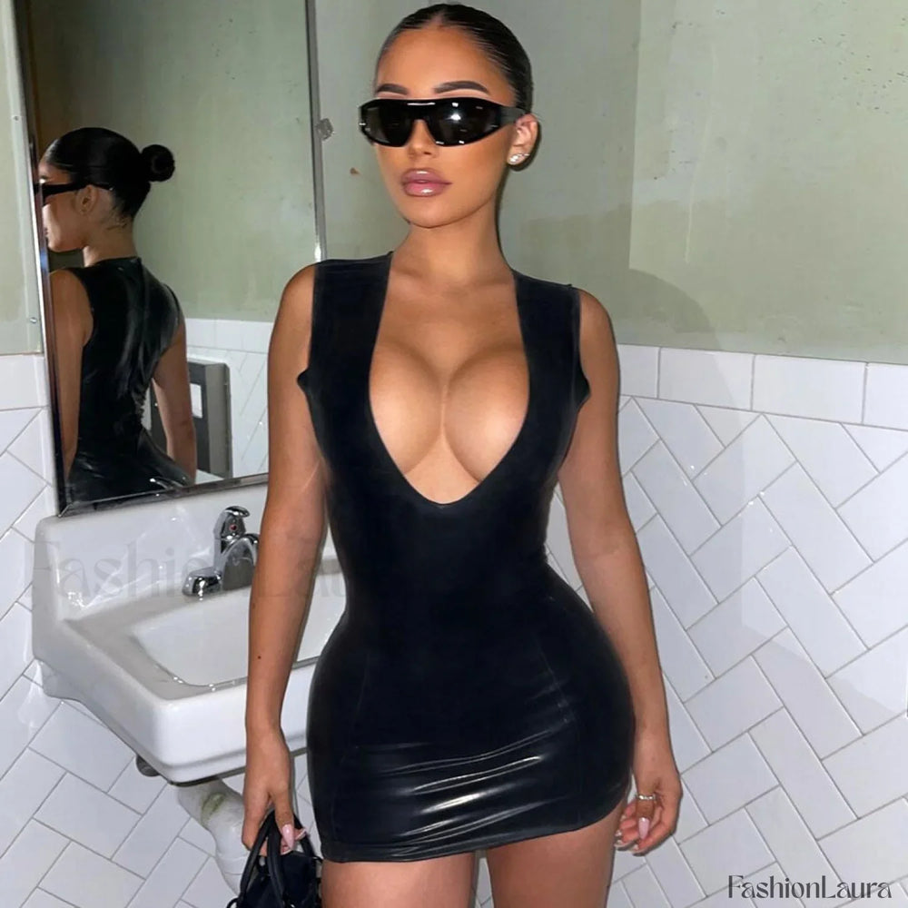 Deep V Neck Sleeveless Bodycon Club Mini Dress Black S / Black Party Dresses L