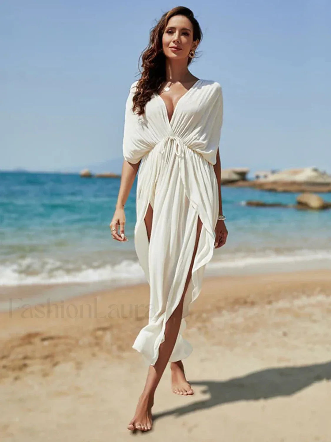 Deep V Neck Slit Cut Loose Cover Up WHITE / One Size
