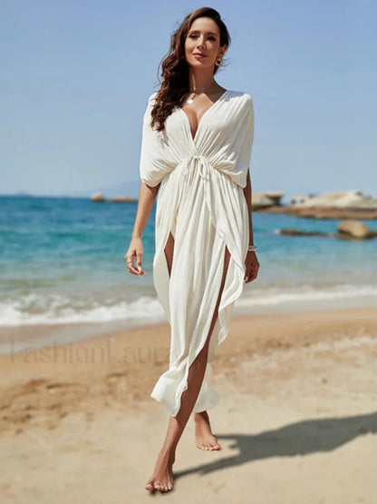 Deep V Neck Slit Cut Loose Cover Up WHITE / One Size