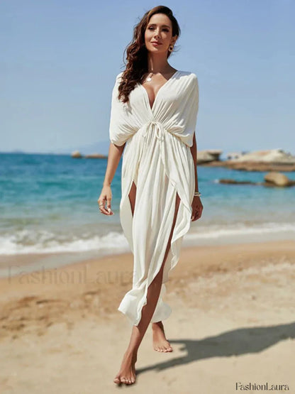 Deep V Neck Slit Cut Loose Cover Up WHITE / One Size