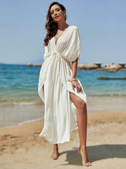 Deep V Neck Slit Cut Loose Cover Up WHITE / One Size