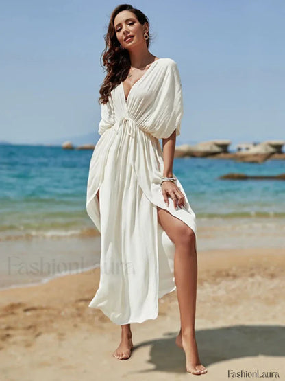 Deep V Neck Slit Cut Loose Cover Up WHITE / One Size