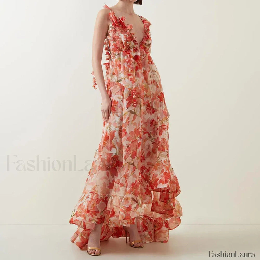 Deep V Ruffle Floral Dress 01 Pink / S