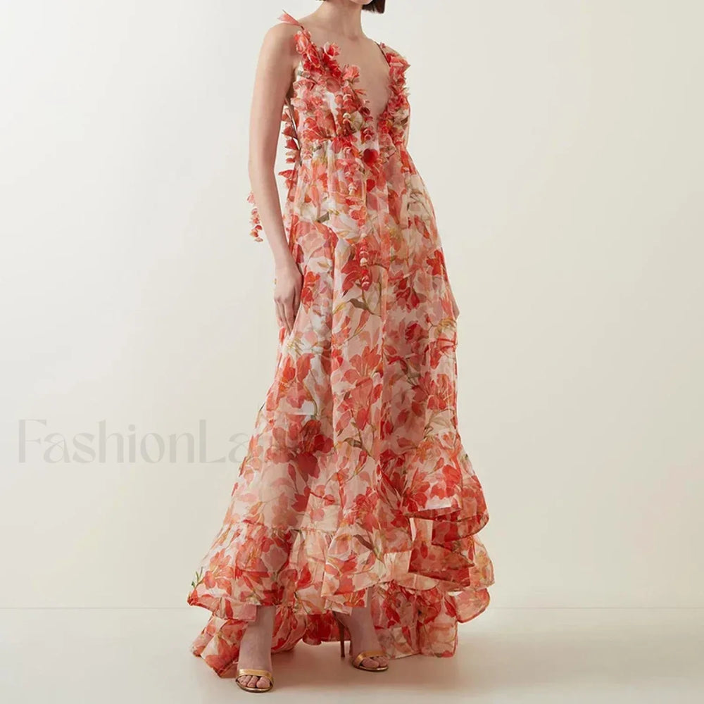 Deep V Ruffle Floral Dress 01 Pink / S