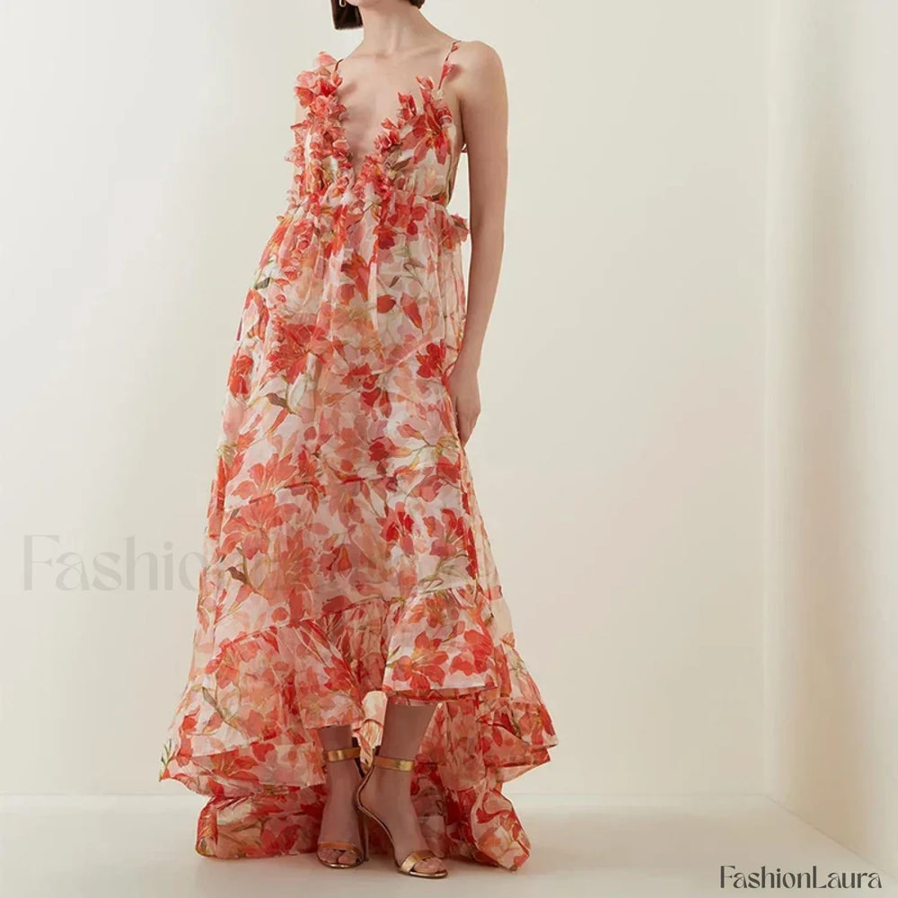 Deep V Ruffle Floral Dress