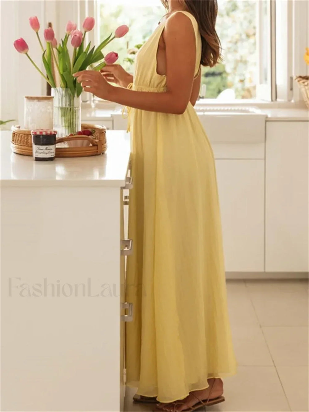 Deep V Tie Solid Color Maxi Dress