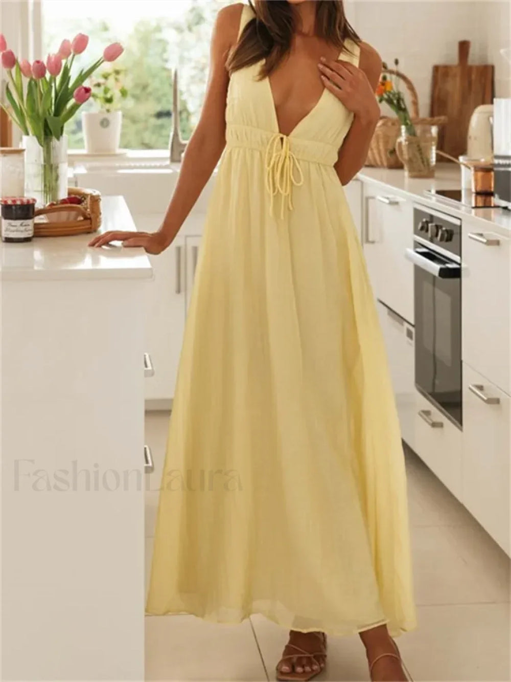 Deep V Tie Solid Color Maxi Dress