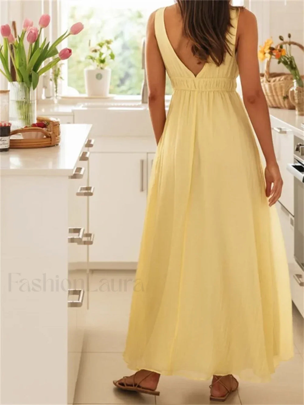 Deep V Tie Solid Color Maxi Dress