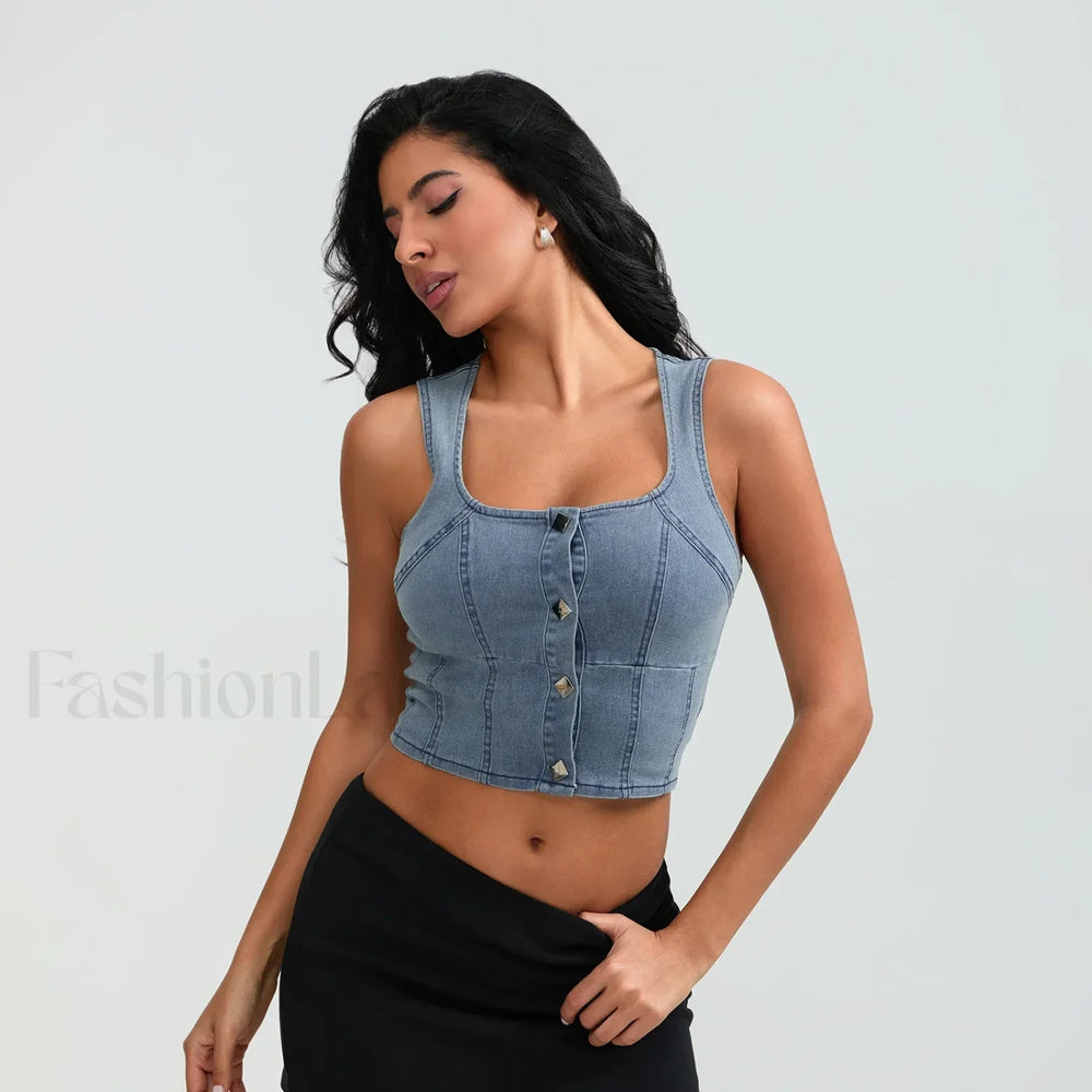 Denim Button Square Crop Top