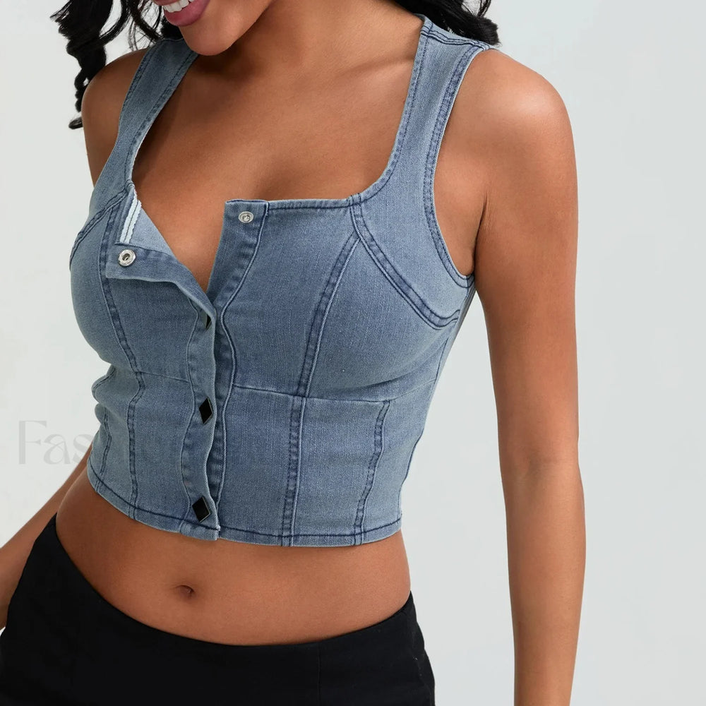 Denim Button Square Crop Top