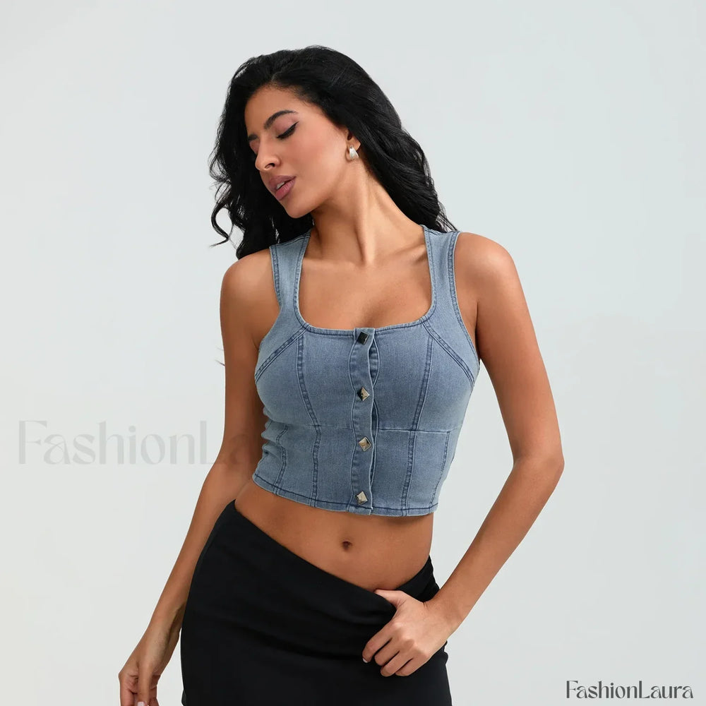 Denim Button Square Crop Top