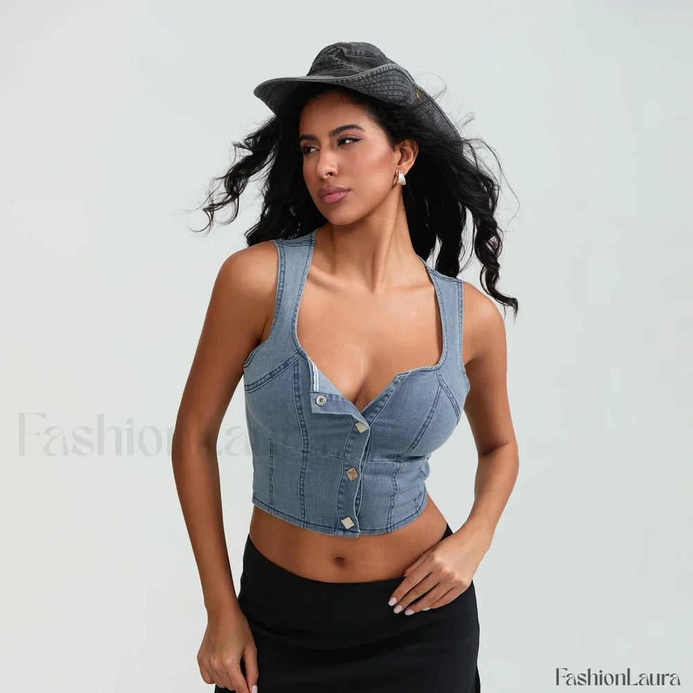 Denim Button Square Crop Top