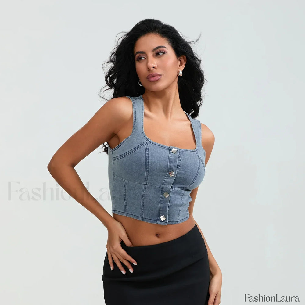 Denim Button Square Crop Top