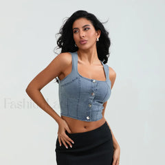 Denim Button Square Crop Top