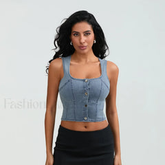 Denim Button Square Crop Top Blue / S