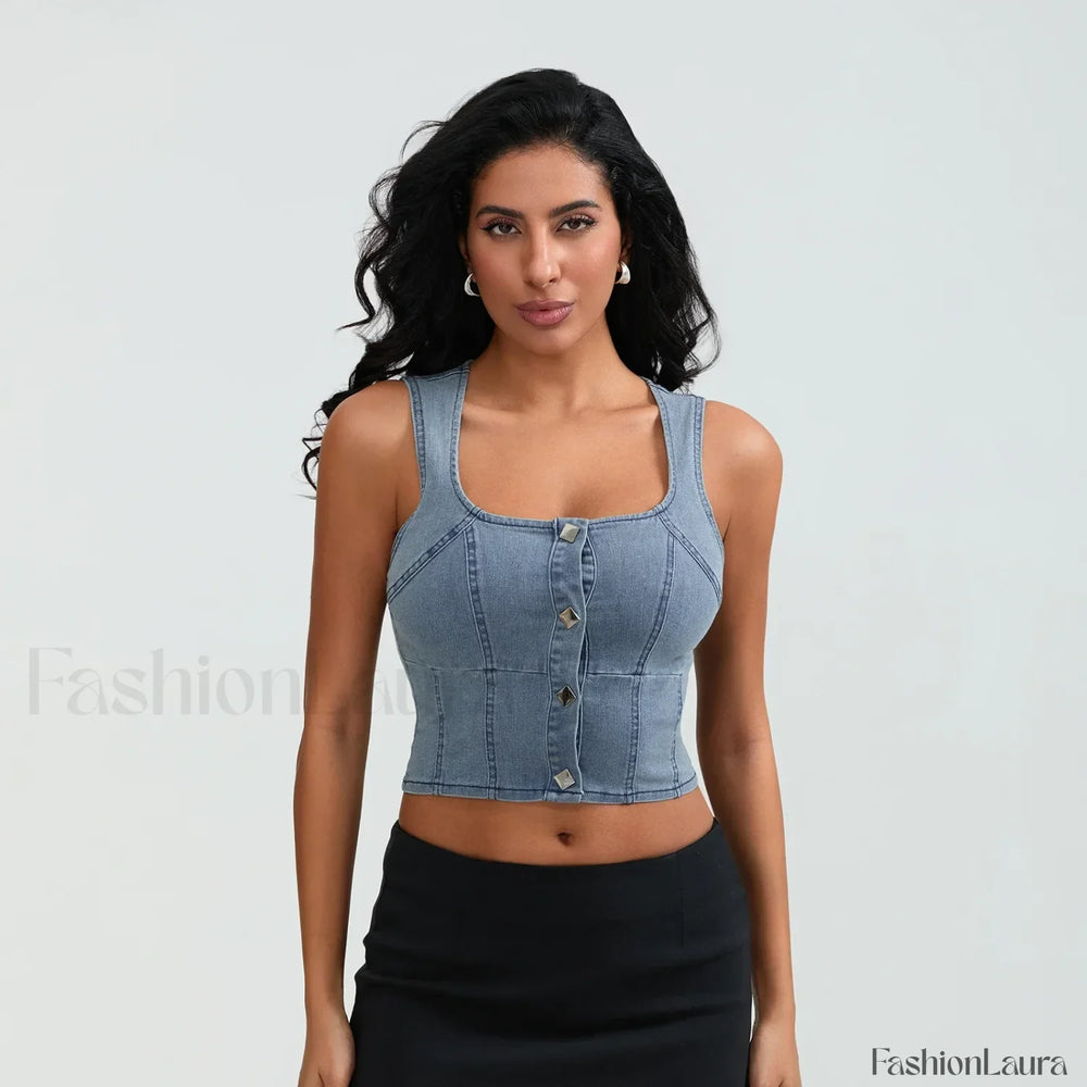 Denim Button Square Crop Top Blue / S