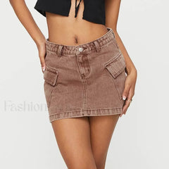Denim Cargo Pocket Low Waist Skirt BROWN / S