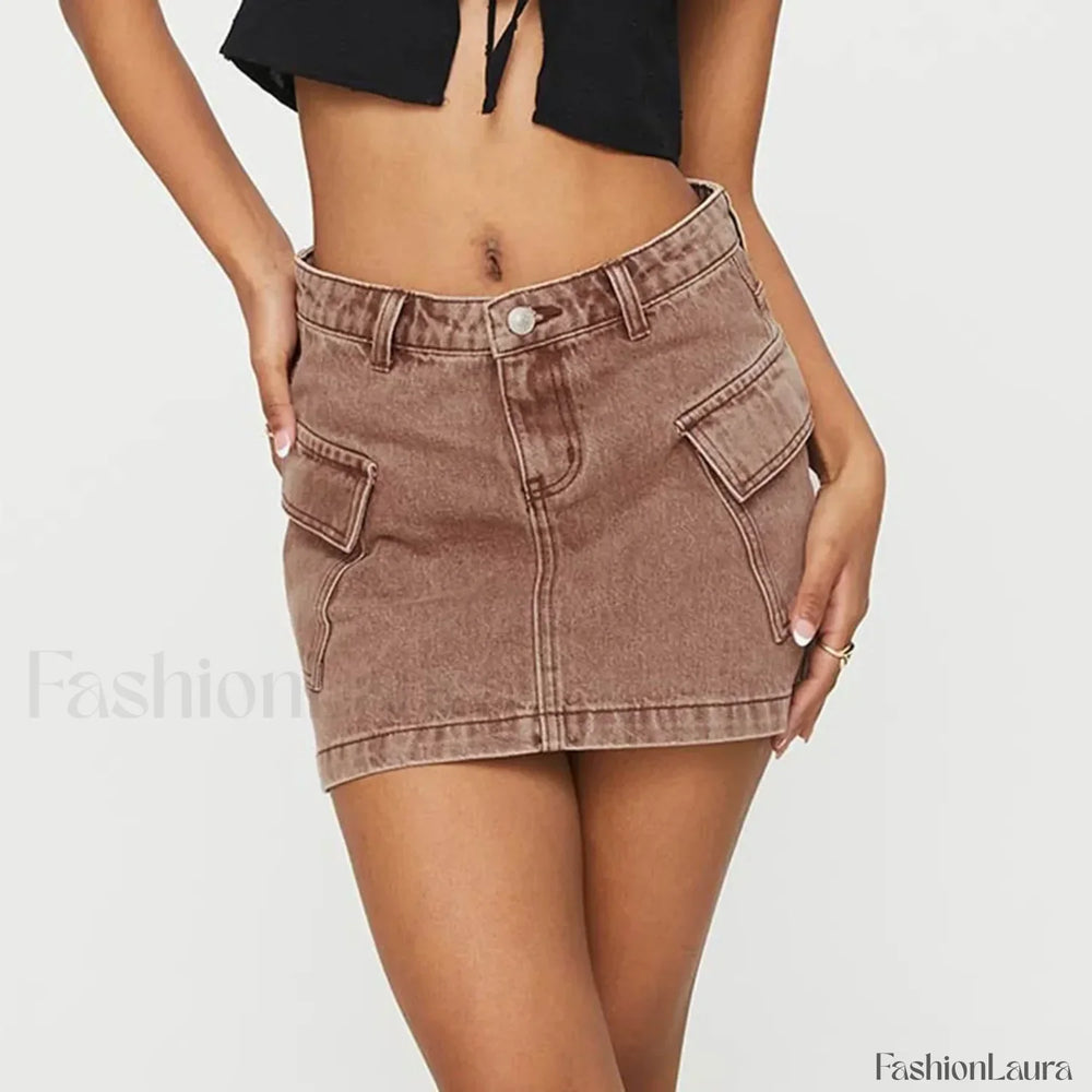 Denim Cargo Pocket Low Waist Skirt BROWN / S
