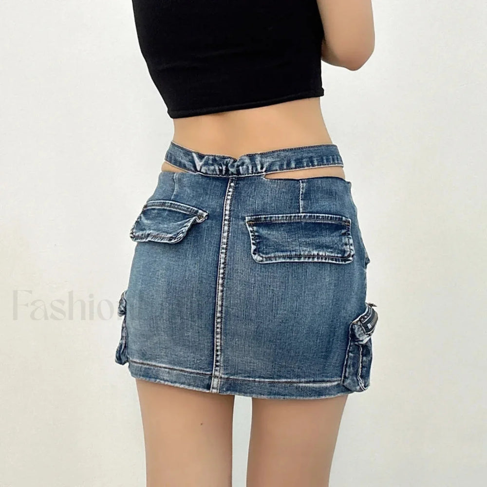 Denim Multi Pocket Wrap Mini Skirt