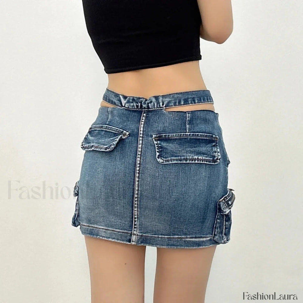 Denim Multi Pocket Wrap Mini Skirt