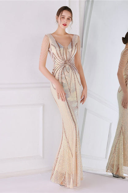 Beaded Floral Sequin Mermaid Party Dress Gold / S