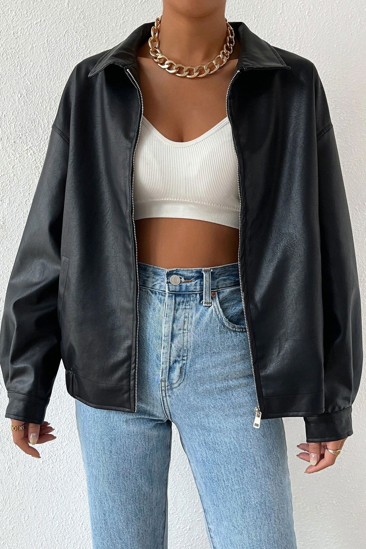 Solid Color Leather Look Jacket Black / S
