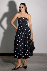 Elegant Polka Dot Strapless Bodycon Maxi Dress