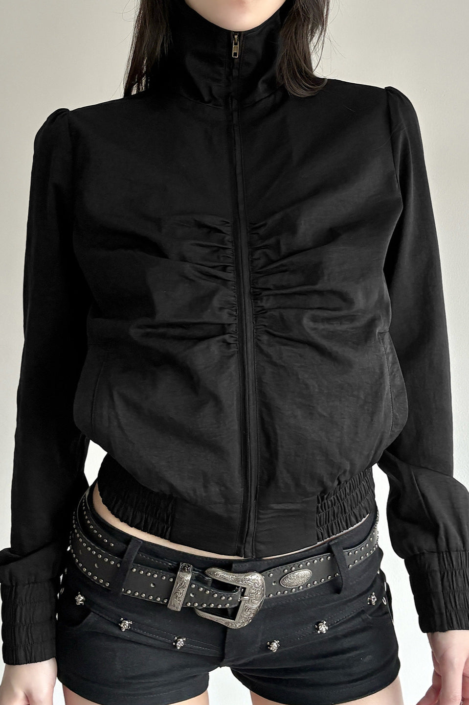 Ruched Waist Biker Jacket Black / S