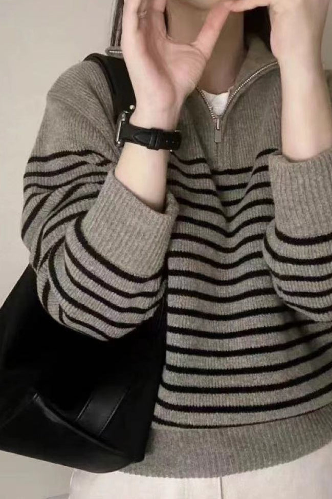 Striped Half Zip Knit Pullover Sweater Khaki / One Size