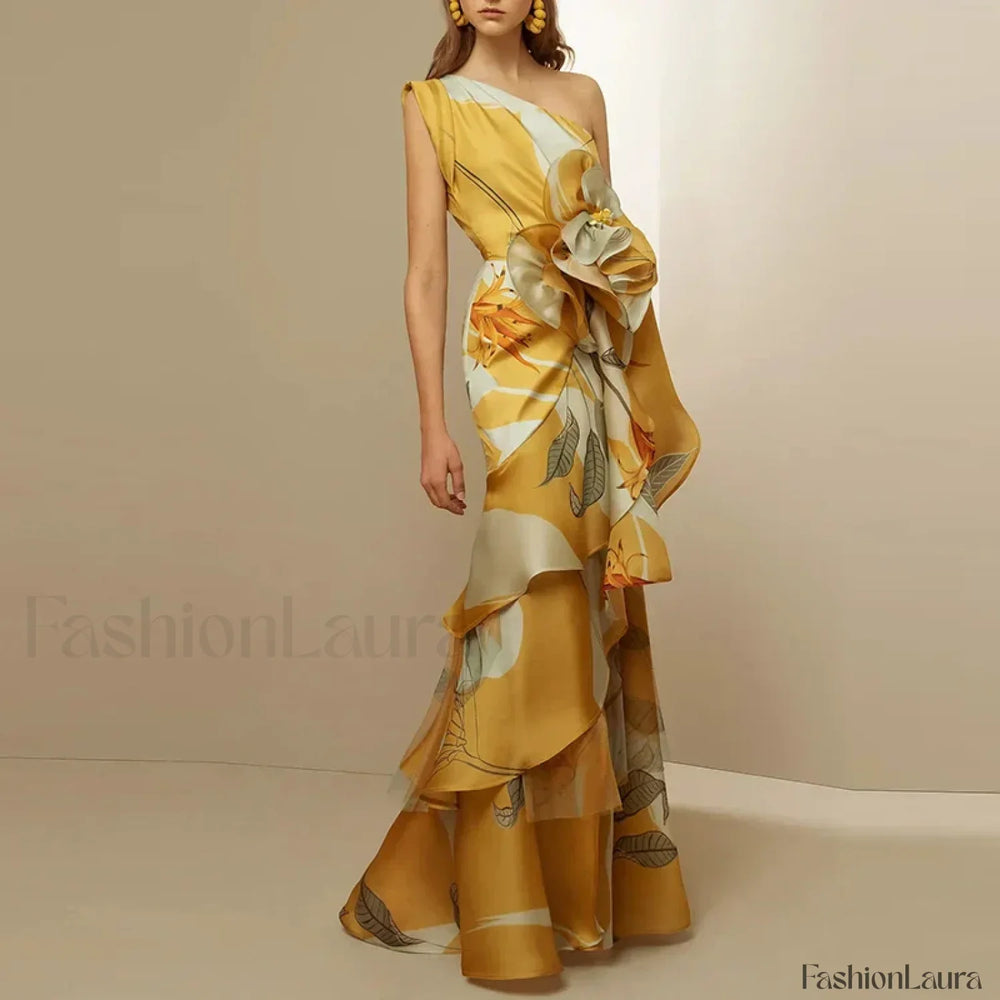 Diagonal Collar Hollow Floral Dress