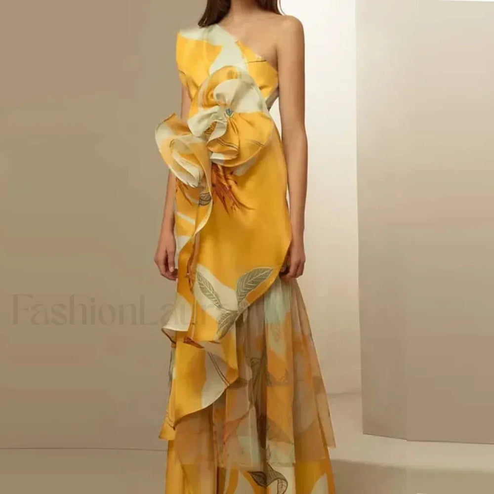 Diagonal Collar Hollow Floral Dress