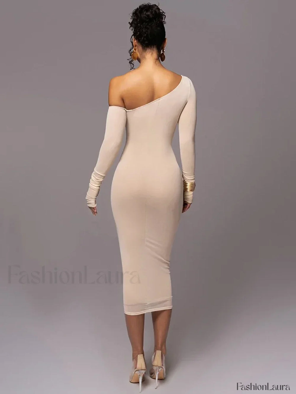Diagonal Collar Mesh Backless Ruched Bodycon Long Midi Dress