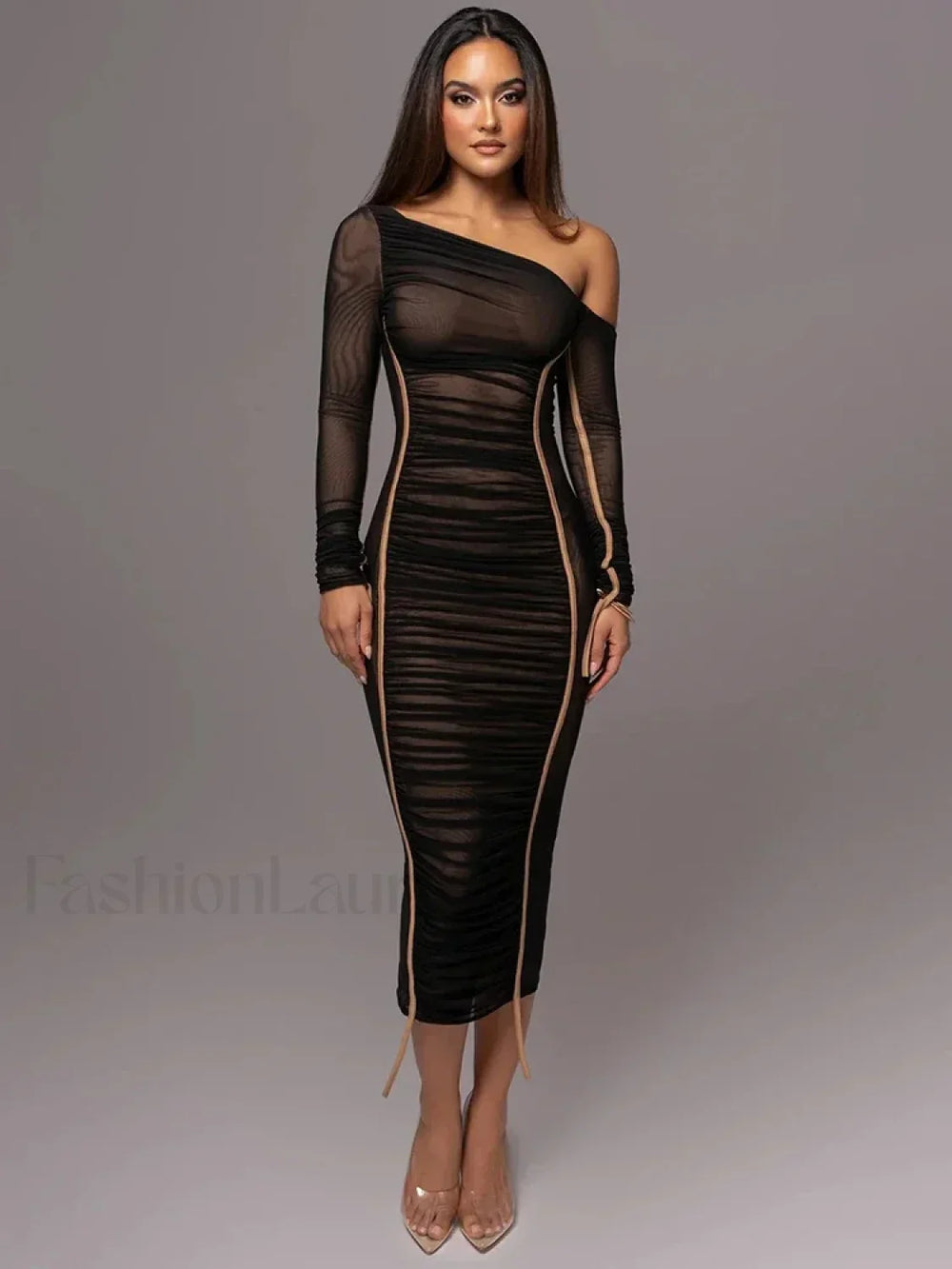 Diagonal Collar Mesh Backless Ruched Bodycon Long Midi Dress Black / S