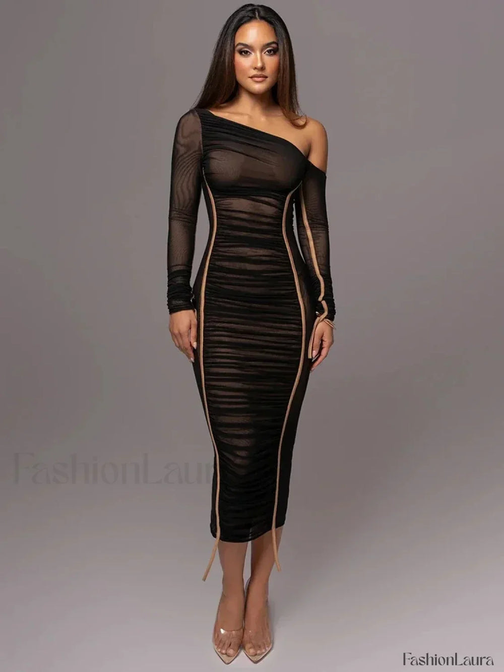 Diagonal Collar Mesh Backless Ruched Bodycon Long Midi Dress Black / S