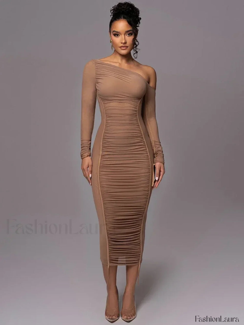 Diagonal Collar Mesh Backless Ruched Bodycon Long Midi Dress Brown / S