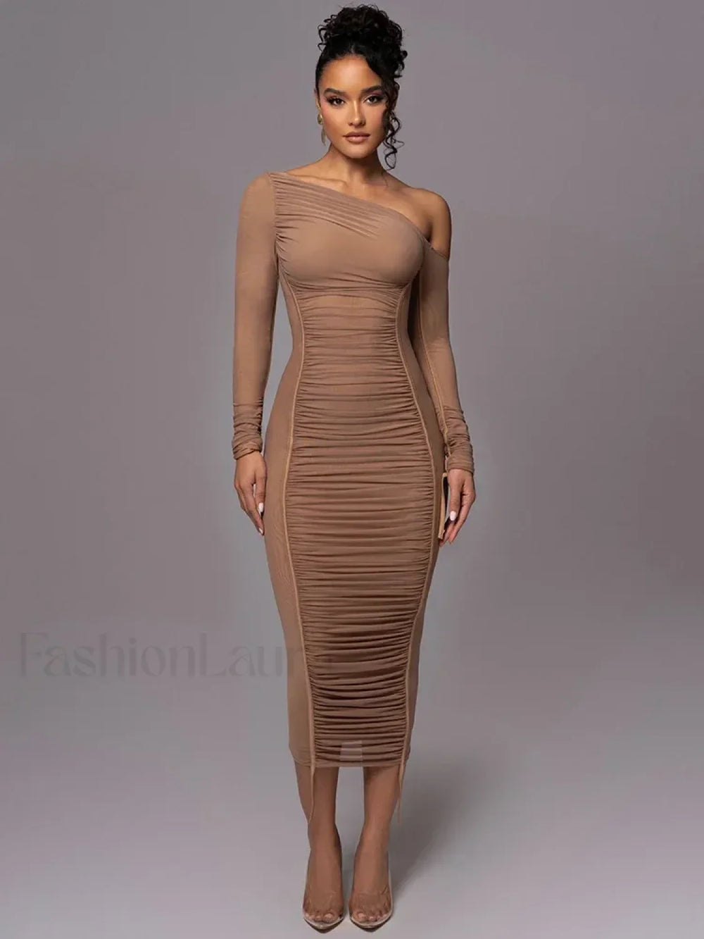 Diagonal Collar Mesh Backless Ruched Bodycon Long Midi Dress Brown / S