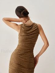 Diamante Ruched Mesh Trendy Slit Midi Dress Dresses