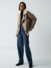 Distressed Leather Graceful Fleece Aviator Jacket Fleece Jackets