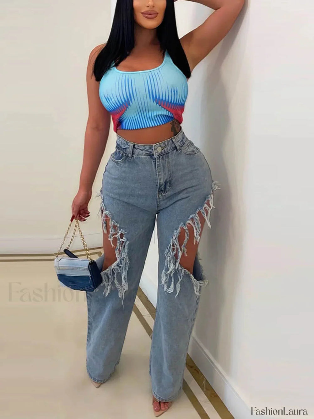 Distressed Side Wide Leg Jeans Blue / S Jeans