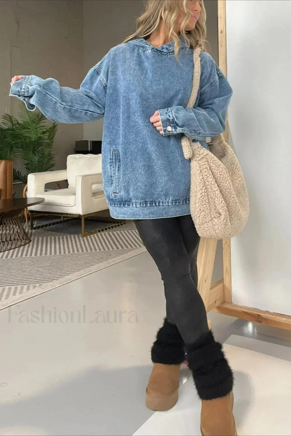 Distressed Washed Denim Hoodie Blue / S